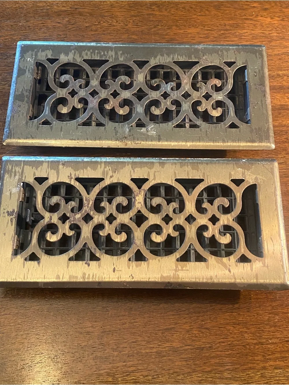 Pair Vintage Ornate Metal 4x10 Floor Registers Scroll Grille Heat Vents